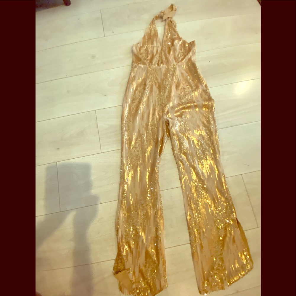 Sexy Gold sequin backless jumpsuit.
